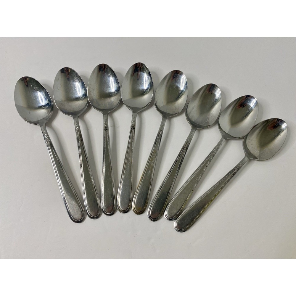8 Rogers Beaded Elegance Stainless Oval Soup Dinner Spoons Replacements